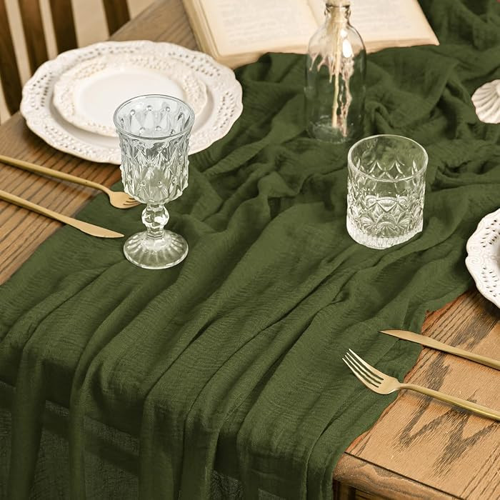 Artoid Mode Boho Cheesecloth Gauze Olive Green Wedding Table Runner, 120 Inch Seasonal Fabric Kit... | Amazon (US)