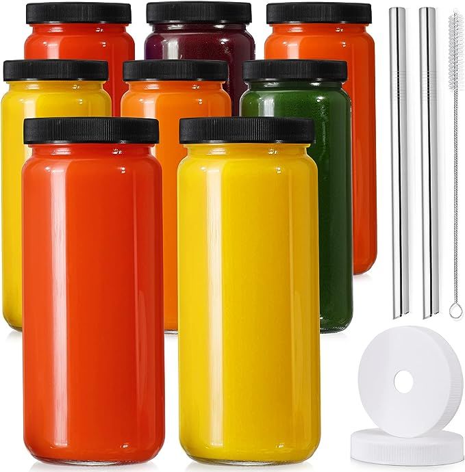 [ 8 Pack ] Glass Juicing Bottles with 2 Straws & 2 Lids w Hole- 16 OZ Travel Drinking Jars, Water... | Amazon (US)