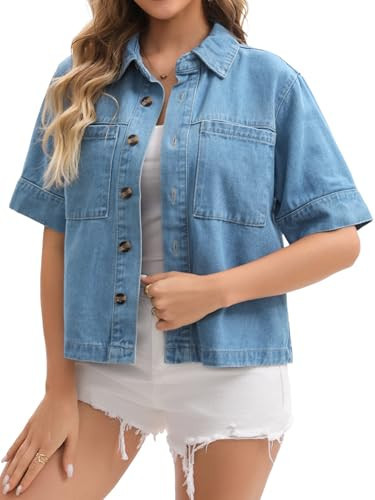 CIMUK Women's Short Sleeve Denim Jacket Boxy Jean Shirt Tops | Amazon (US)