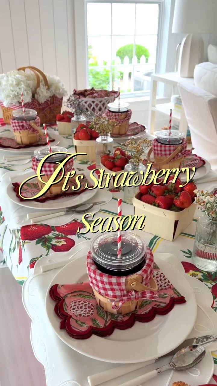Our strawberry themed tablescape for summer! 🍓🍰☕️