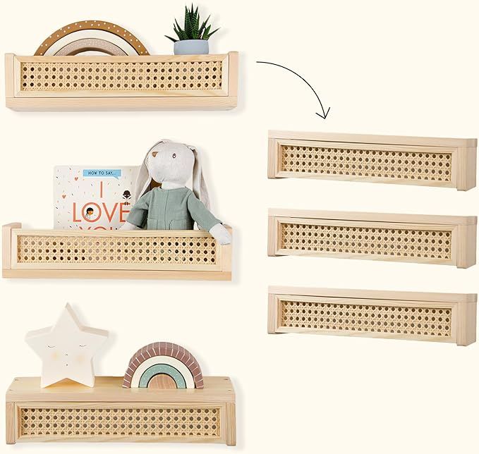 Rattan Shelf 3 Pack, 16 inch Nursery Shelves for Wall, Rattan Decor Boho Shelves, Rattan Bookshel... | Amazon (US)