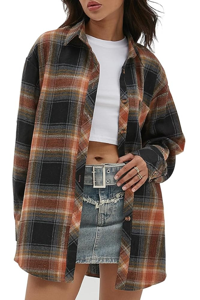 CHYRII Womens Button Down Flannel Shirts Long Sleeve Plaid Shackets Business Casual Blouse Top | Amazon (US)