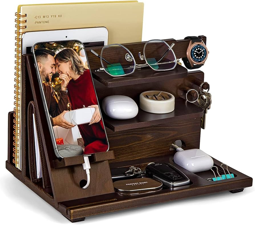 KOCWELL Wood Phone Docking Station, Gifts for Men, Nightstand Organizer Wood for Phone Tablet Ear... | Amazon (US)