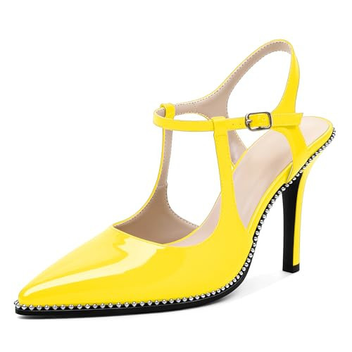 SAMMITOP Womens Yellow Heels Closed Pointed Toe Ankle Strap Heels High Heel Pumps Shoes Silver Beaded Dressy Patent Leather 3.5 Inch Size 6.5 | Amazon (US)