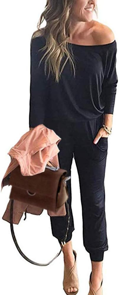 Women's Casual Long Sleeve Jumpsuit Crewneck One Off Shoulder Elastic Waist Stretchy Romper with ... | Amazon (US)