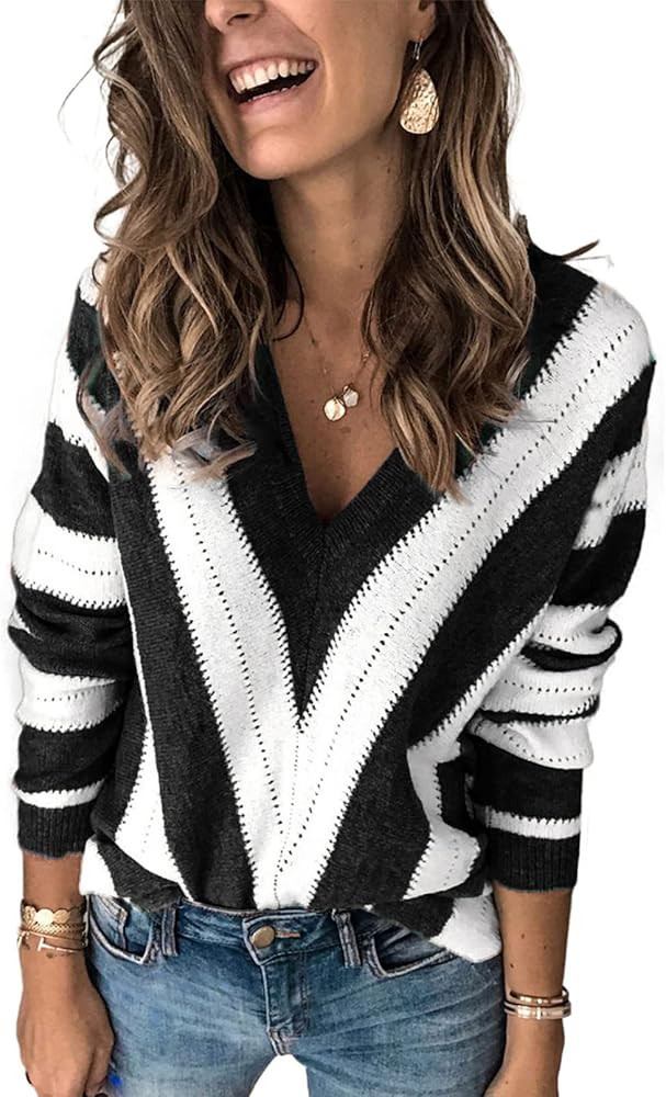 EVALESS Sweaters for Women Sleeve Sexy Deep V Neck Casual Knit Striped Pullover Sweater | Amazon (US)