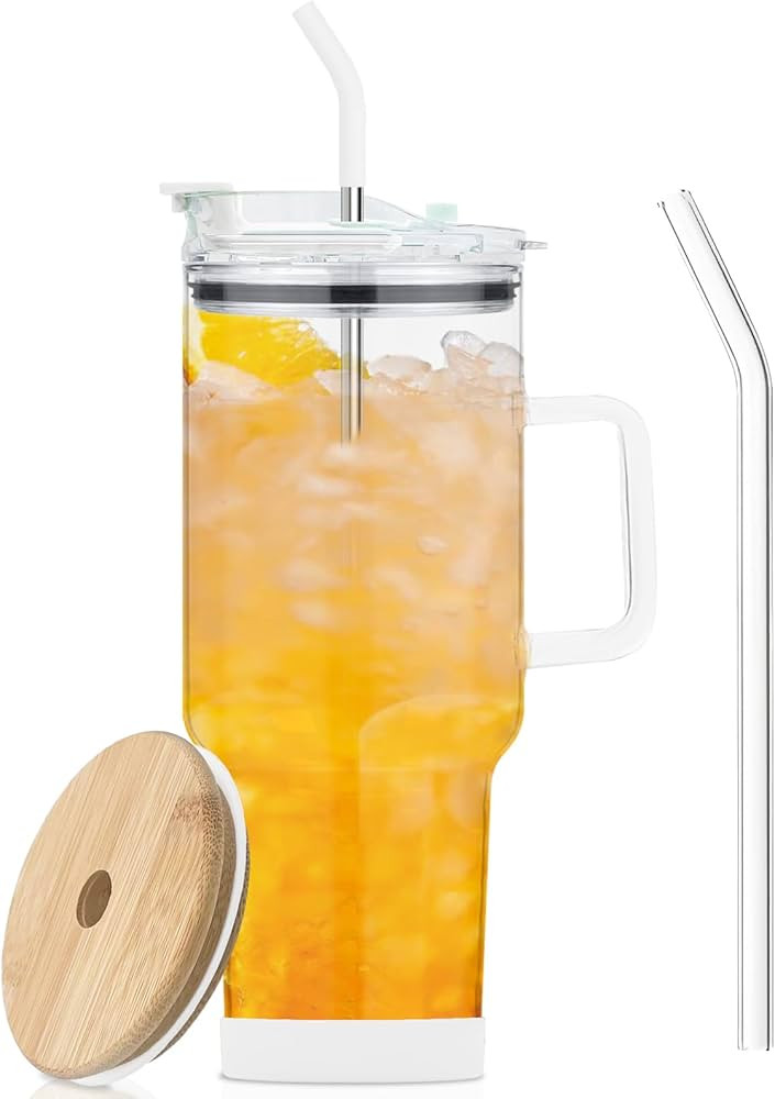Glass Tumbler with Lid and Straws,40oz Glass Cup with Handle,Drinking Glasses with Silicone Coast... | Amazon (US)