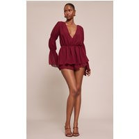 Burgandy Chiffon V Neck Long Ruched Sleeve Romper, Burgundy | PrettyLittleThing US