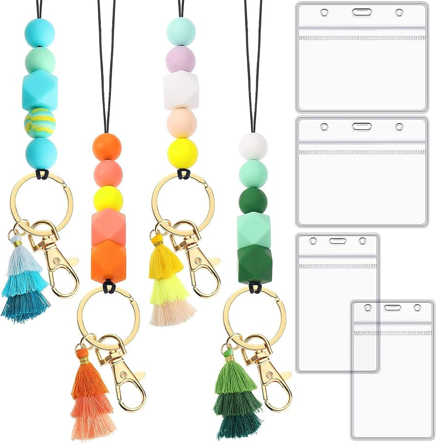 4 Pcs Teacher Lanyards for ID Badges and Keys, Cute Silicone Beaded Lanyard with 4 Pcs Card Holde... | Amazon (US)