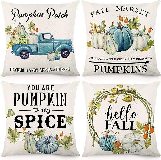 CDWERD Fall Pillow Covers 18x18 Inch Set of 4 Outdoor Decorations Throw Pillowcase Blue Autumn Fa... | Amazon (US)