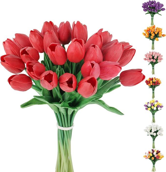 C APPOK 30pcs Artificial Tulips Flowers Fake Latex Tulip Stems - Real Touch Faux Red Tulips Flowe... | Amazon (US)