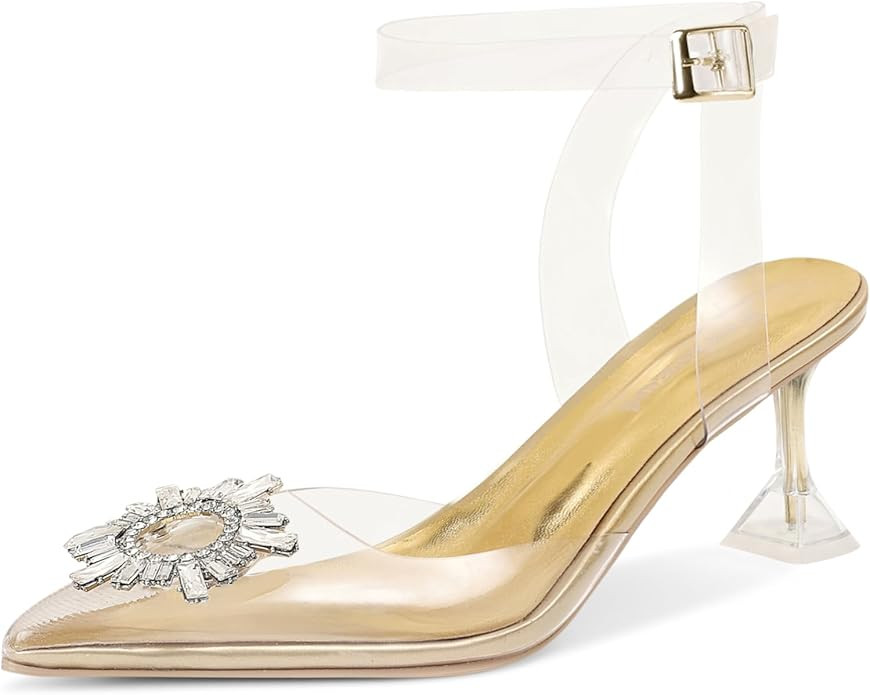 Fericzot Women's Clear Heels Shoes,Slingback Crystal Rhinestones Wedding Pointed Toe Shoes High H... | Amazon (US)