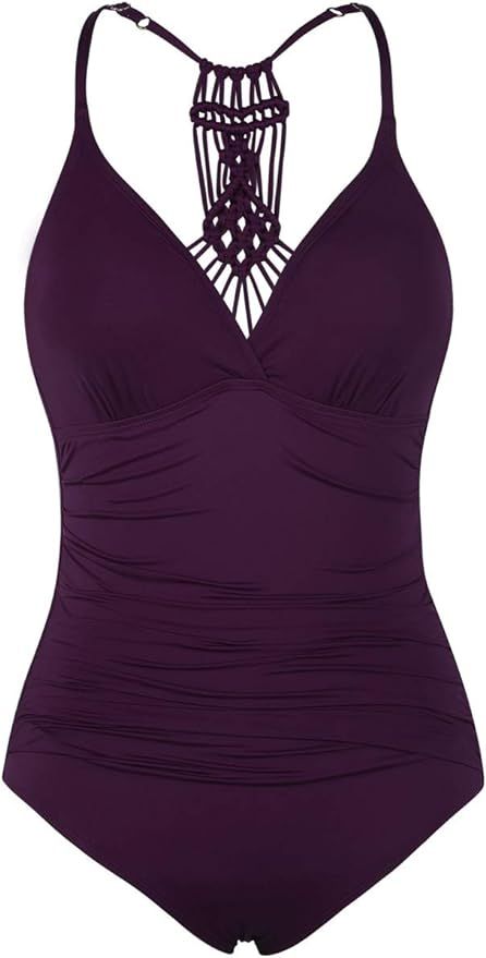 Firpearl Women's One Piece Bathing Suits V Neck Swimsuits Hand-Braid Macrame Ruched Slimming Tumm... | Amazon (US)