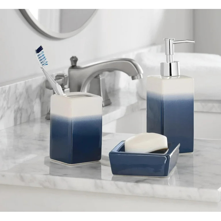 Mainstays 17-Piece Indigo Shibori Stripe Polyester/Ceramic Shower Curtain & Bathroom Accessory Se... | Walmart (US)