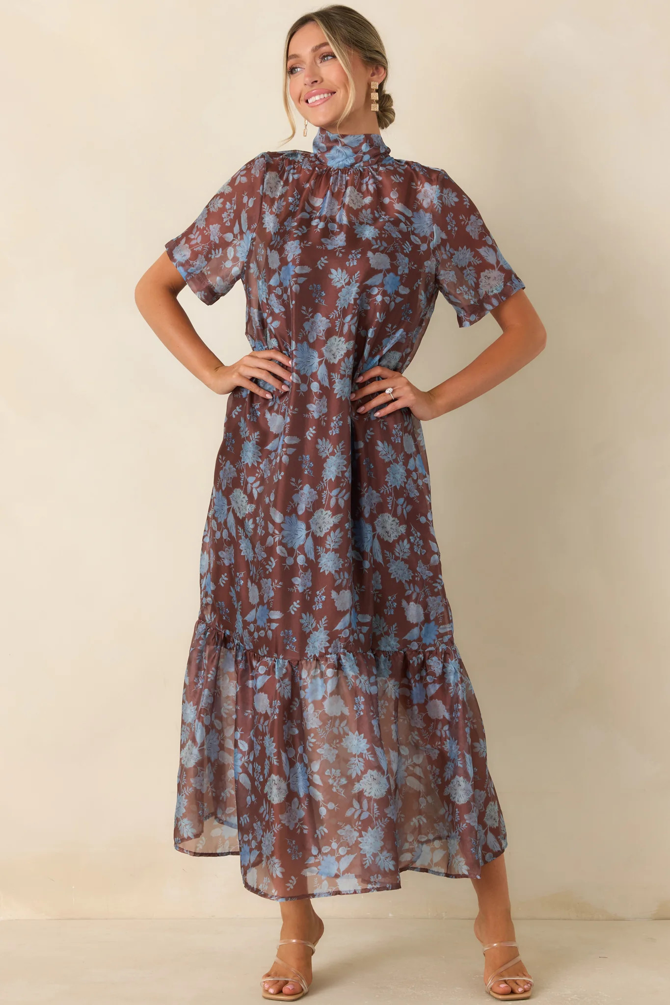 Whispered Intentions Brown & Blue Floral Tiered Maxi Dress | Red Dress