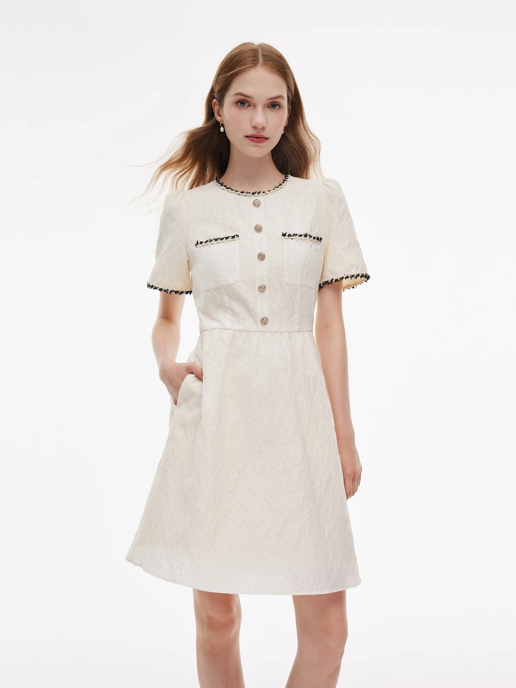 Jacquard Round Neck Women Mini Dress - White / M | GOELIA