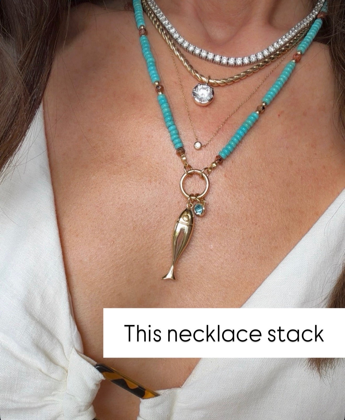 This necklace stack instantly elevates even the simplest outfit. I love mixing the turquoise beads with layered gold chains for a look that feels coastal, colorful, and perfect all summer long.

Layered necklaces, Necklace stack, Turquoise jewelry, Gold jewelry, Summer accessories, Coastal style, Statement jewelry, Everyday jewelry, Beach vacation style, Jewelry layering, annabrstyle

#LTKgrwm #LTKOver40 #LTKootd