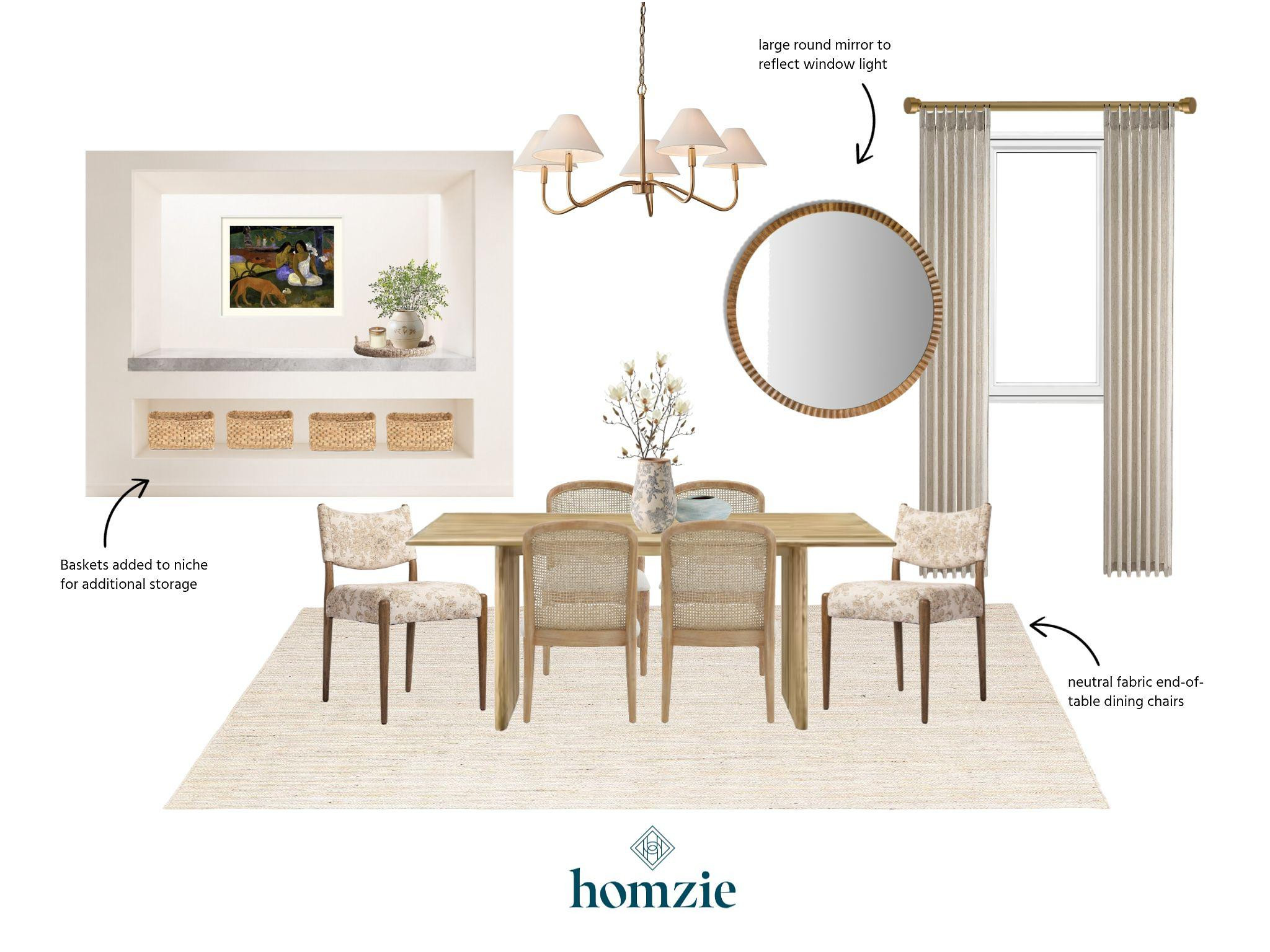 This dining room brings together warm wood tones, woven textures, and soft neutral layers for a timeless coastal modern farmhouse feel. A natural wood table is paired with rattan-back dining chairs and upholstered end chairs for added comfort and character, while a braided jute rug grounds the space with warmth. Touches of soft blue and green, a brass chandelier, and a large statement mirror complete the room with an airy, inviting feel that's perfect for everyday meals and special gatherings alike. 

 #LTKHome #DiningRoomDesign #CoastalFarmhouse #ModernFarmhouse #DiningRoomDecor #InteriorDesign #NeutralHome #HomeDecor #LTKCreator
