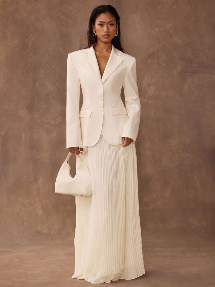 SHEIN BAE Autumn/Winter Women's Elegant Wide-Shouldered Blazer And Chiffon Long Skirt Suit Set, White Suit For Women,Work Office Old Money Date Night,Fall | SHEIN