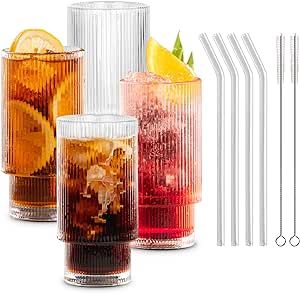 Combler Drinking Glasses, 11oz Ribbed Glass Cups with Straws Set of 4, Glassware for Water Whiske... | Amazon (US)