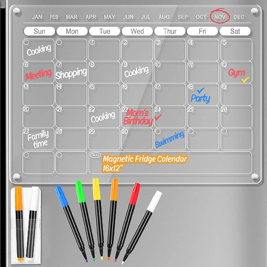 Magnetic Acrylic Calendar for Fridge Refrigerator Monthly Dry Erase Board w/ 8 Markers & Magnetic... | Amazon (US)