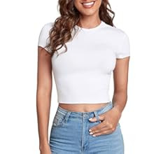 Women's Casual Basic Cap Sleeve Slim Fitted Round Neck Crop Tee Top | Amazon (US)