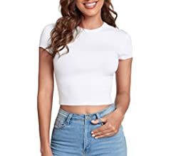 Women's Casual Basic Cap Sleeve Slim Fitted Round Neck Crop Tee Top | Amazon (US)
