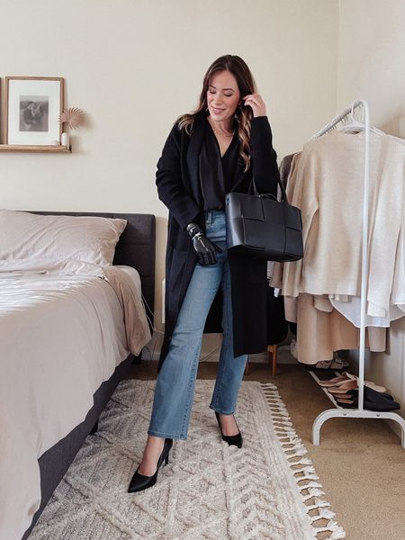 Date night outfit idea wearing straight denim, long cardigan and bodysuit blouse. 

Jeans, outfit for date night, dress up denim, casual date, bodysuit blouse, woven purse, affordable date night outfit, open front cardigan, black heels, designer bag dupe, budget outfit, jcPenney 

#LTKSeasonal #LTKstyletip #LTKunder100