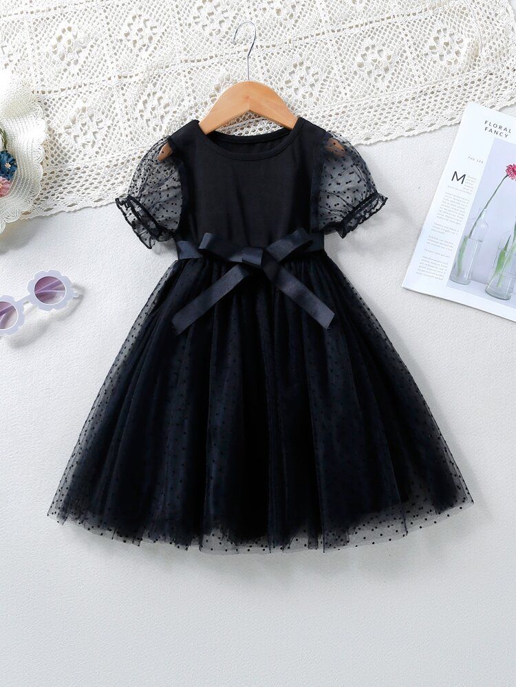 Toddler Girls Dobby Mesh Overlay Puff Sleeve Belted Dress | SHEIN