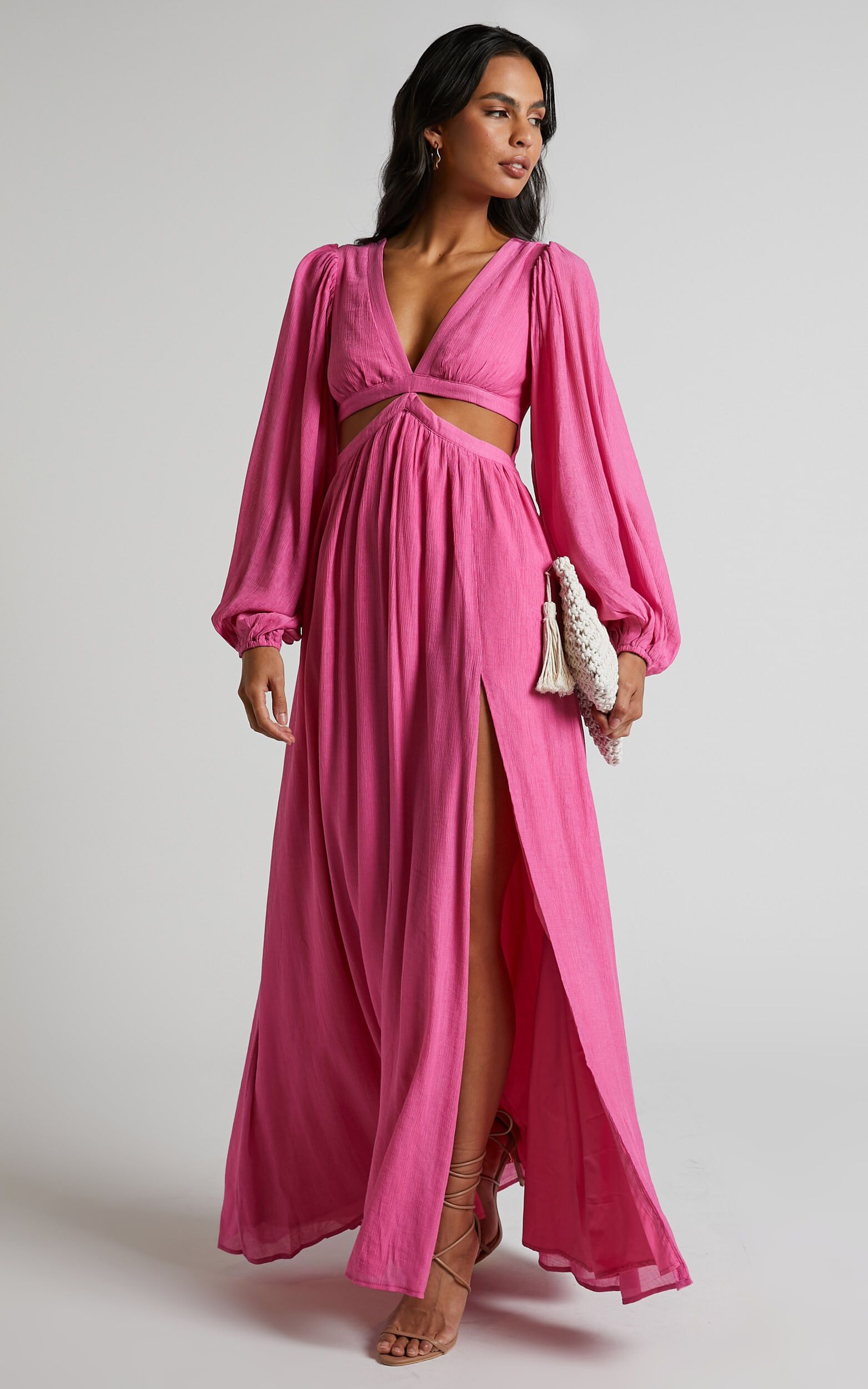 Paige Maxi Dress - Side Cut Out Balloon Sleeve Dress in Pink | Showpo (US, UK & Europe)