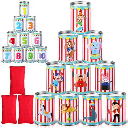 PullCrease 13 Pcs Carnival Can Game Bean Bag Toss Game Carnival Games with 10 Tin Cans and 3 Bean Bag Game Easter Outdoor Games for Family Party Birthday Indoors Outdoors Activities (Vivid Style) | Amazon (US)