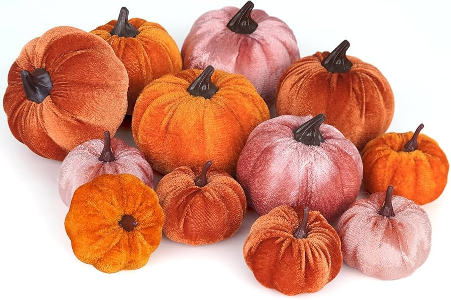 Artmag 12Pcs Fall Artificial Velvet Pumpkins Assorted Sizes Orange Brown Pink Fake Farmhouse Harvest Pumpkins for Fall Thanksgiving Party Home Decoration | Amazon (US)