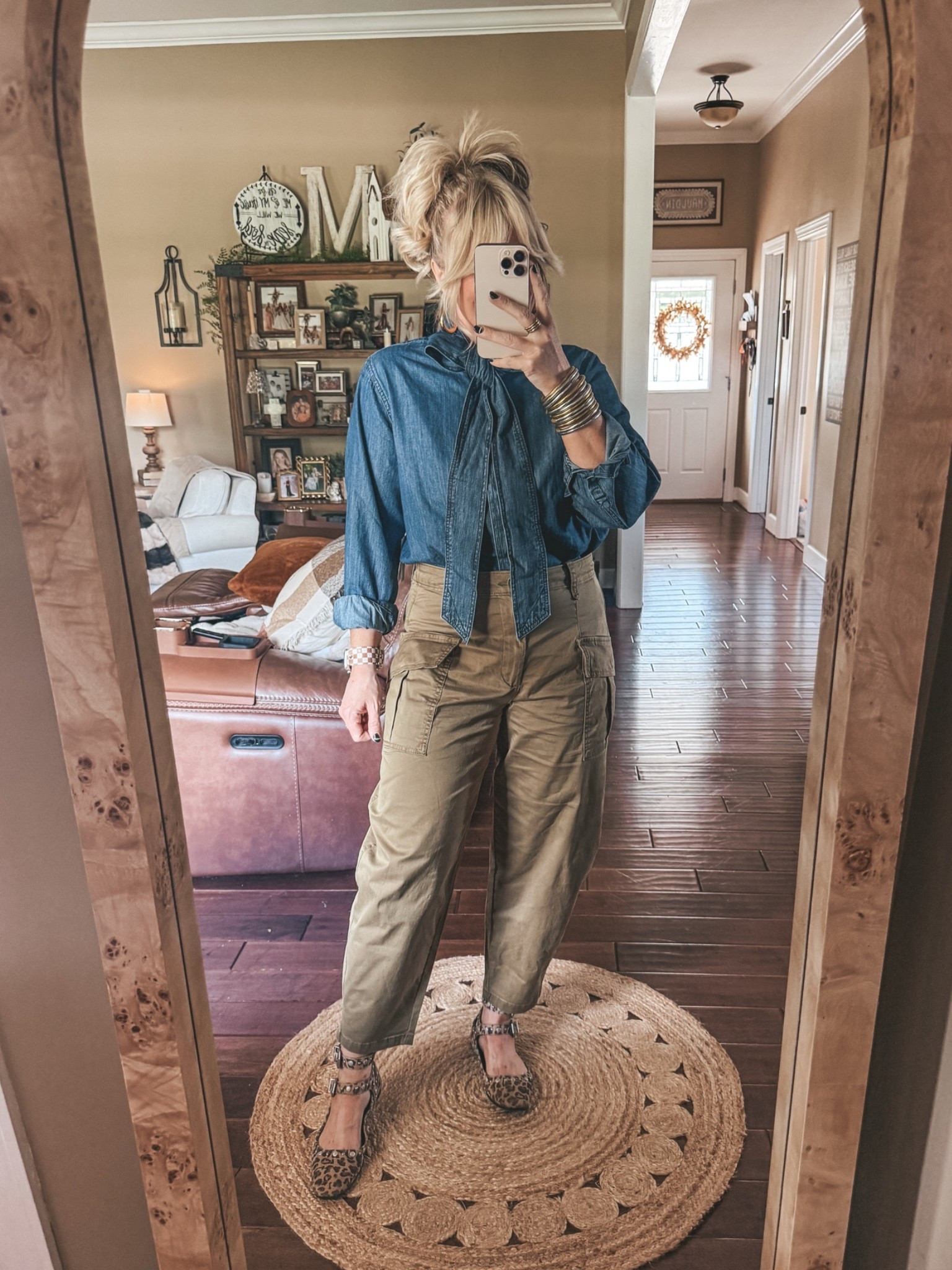 This tie neck top is adorable tied like a bow, men’s tie, or leave it untied. These cargo pants fit cute too! I’m in a 8 medium in both. 
@Walmart

#LTKOver40 #LTKSeasonal