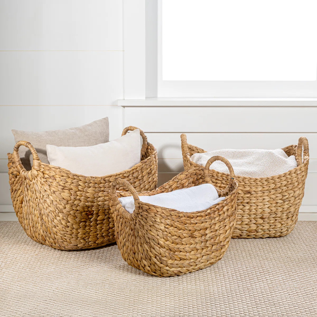 Nellie Farmhouse Classic Handwoven Hyacinth Storage Boat Baskets with Handles (Set of 3) | Wayfair North America