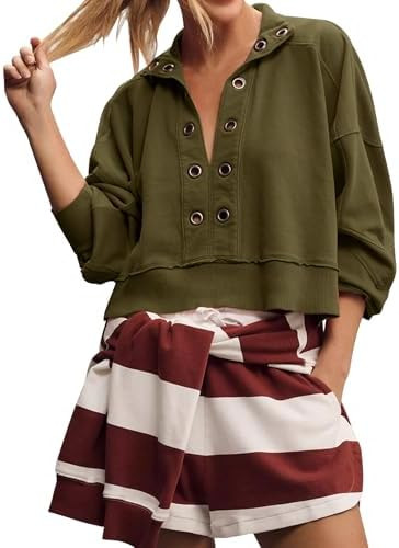 Kissonic Women's Deep V Neck Cropped Sweatshirt Casual Long Sleeve Pullover Oversized Popover Top... | Amazon (US)