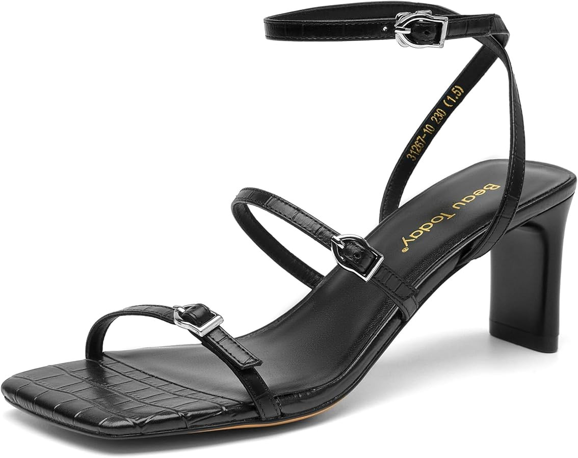 BEAU TODAY Square Toe Heels for Women Block Heels Lether Fashion Ankle Strap Lace Up Heels for Pa... | Amazon (US)