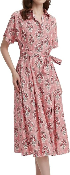 Womens Summer Floral Maxi Dress Short Sleeve V Neck Button Belt Casual Long Flowy Shirt Dress | Amazon (US)