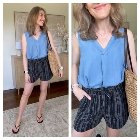 Walmart summer outfit idea with this chambray sleeveless top (runs big, go down a size) and linen drawstring shorts (true to size small). #walmartfashion 

#LTKStyleTip #LTKOver40 #LTKFindsUnder50