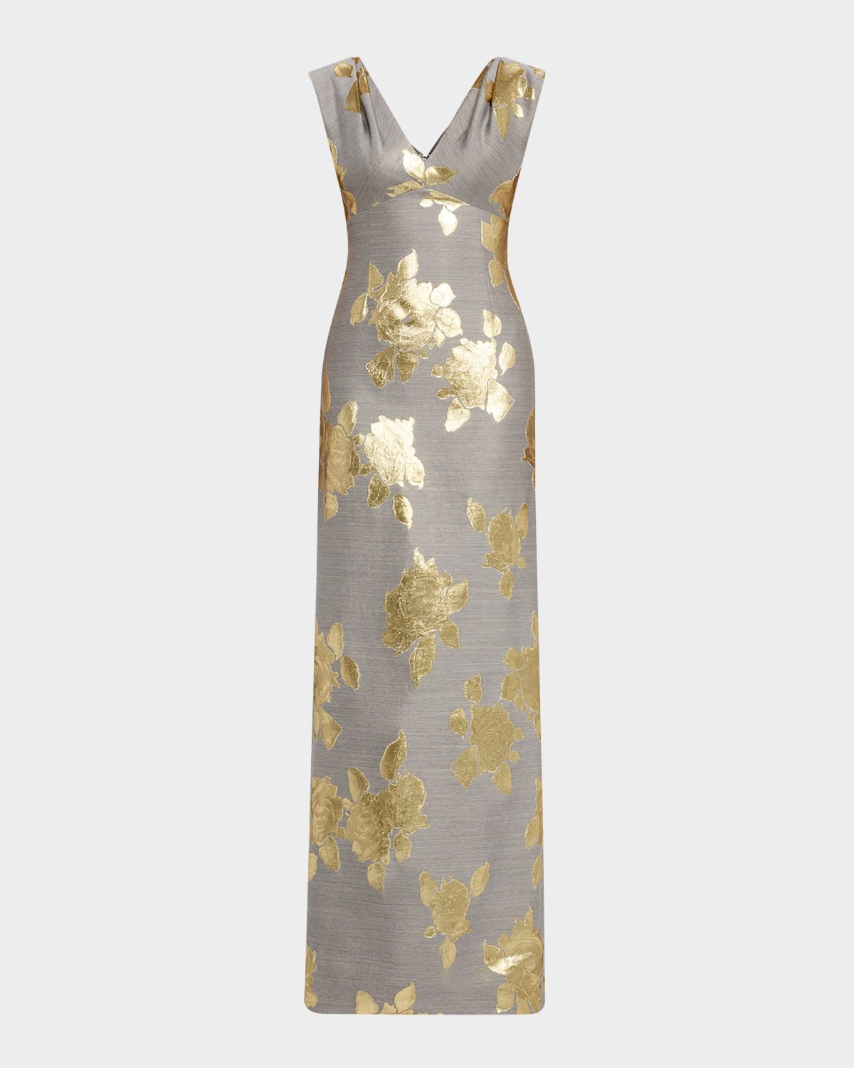 V-Neck Metallic Floral Jacquard Empire Gown | Neiman Marcus