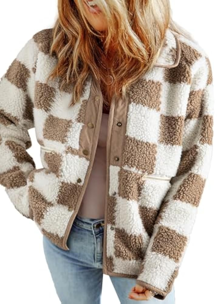 SHEWIN Jackets For Women Causal Sherpa Fall Jacket Loose Button Down Plaid Winter Coats | Amazon (US)