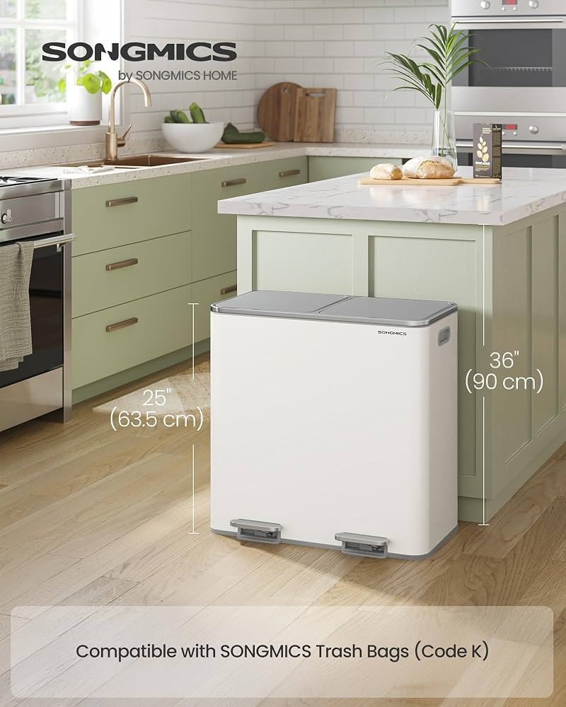 SONGMICS Trash Can, 2 x 10.6 Gallon (2 x 40 L) Garbage Can for Kitchen, with 15 Trash Bags, 2 Com... | Amazon (US)