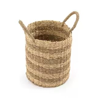 Zentique Cylindrical Handmade Woven Wicker Seagrass Palm Leaf Wire Small Basket with Stripes and ... | The Home Depot