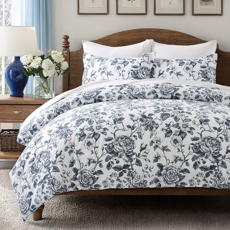 EverGrace 100% Cotton Sateen Duvet Cover Set King Size, 3 Piece Floral Toile Bedding Set, Pre-Was... | Amazon (US)