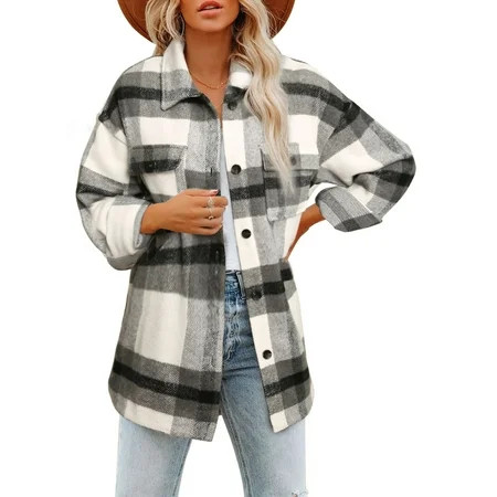 Blencot Womens Plaid Shacket Jackets Long Sleeve Rolled Button Down Oversized Coat with Chest Pocket | Walmart (US)