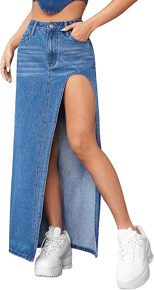 SweatyRocks Women's High Waist Split Thigh Maxi Denim Skirt Casual Zip Up Jean Skirts with Pocket... | Amazon (US)
