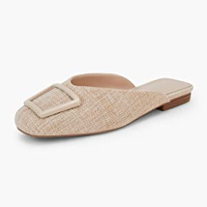 Women's Flat Linen Mules Ladies Square Buckle Decor Closed Square Toe Backless Slip on Slides Loa... | Amazon (US)