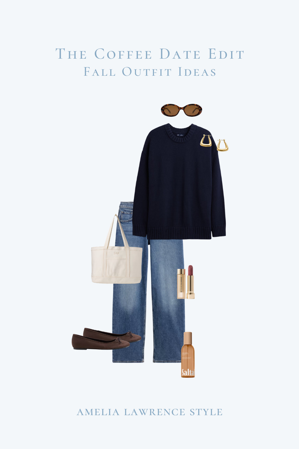 The coffee date edit fall outfit ideas. GAP, navy blue, sunglasses, sweater, jeans, denim, tote bag, ballet flats, brown, perfume, lipstick, Merit, earrings.  

 #LTKgrwm #LTKootd #LTKSeasonal