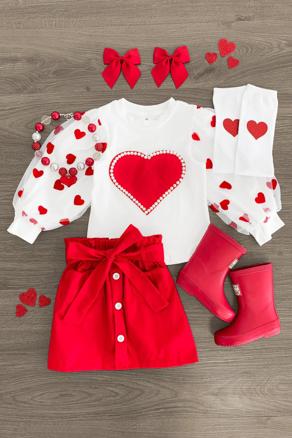 Hearts & Pearls Red Skirt Set or Onesie | Sparkle In Pink
