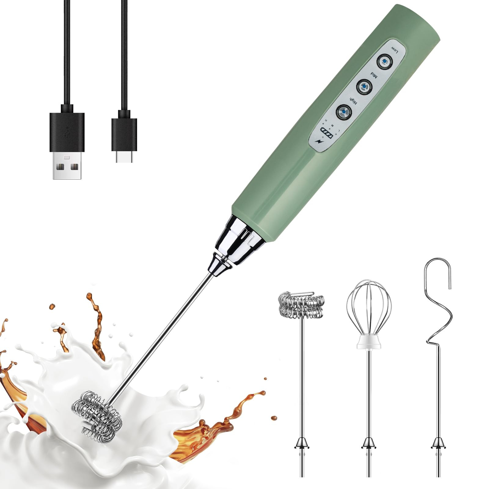 YUSWKO Granite Green Handheld Milk Frother Wand for Coffee, Rechargeable Electric Whisk with 3 He... | Amazon (US)