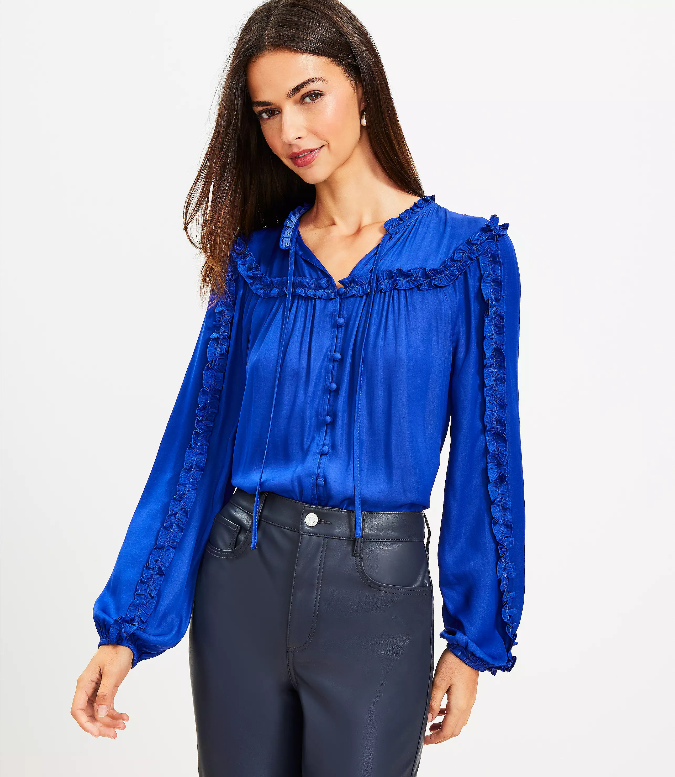 Ruffle Tie Neck Button Blouse | LOFT